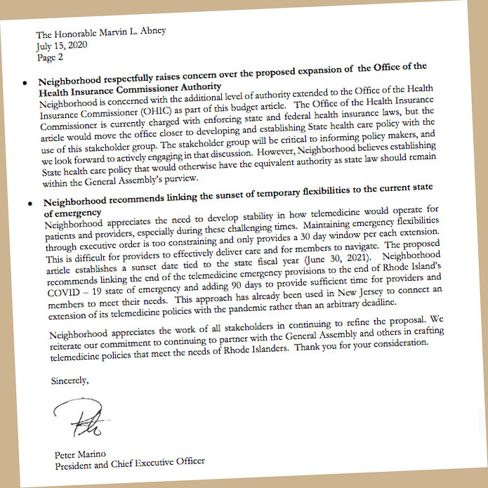 A portion of the letter sent by Peter Marino, president and CEO of Neighborhood Health Plan of Rhode Island, opposing the proposed budget article on telemedicine, which was apparently sent without the contents being shared with the insurer's board of directors.